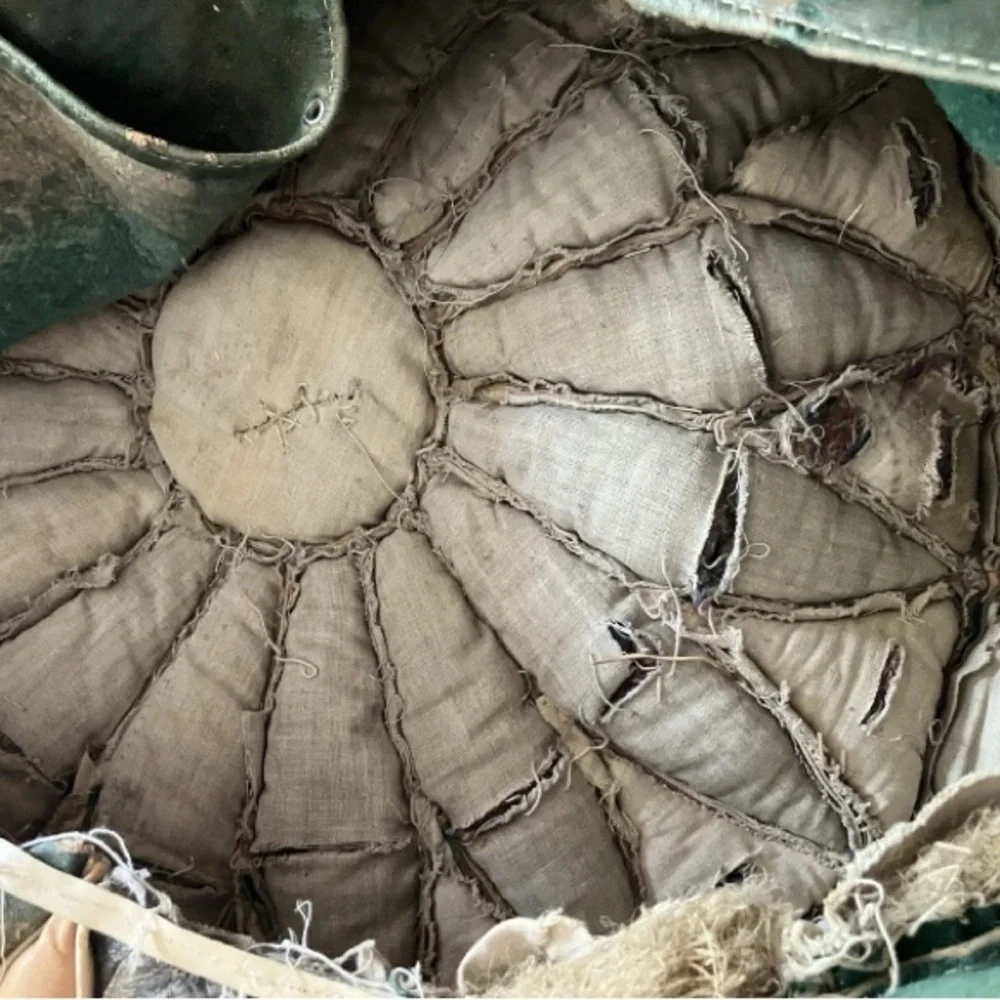 Leather pouf vintage true pouf 1920’s coarse filling Egyptian motif green gold